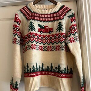 Kiel James Patrick "Santa's New Sleigh" Sweater, Size M, cream w/ red and green